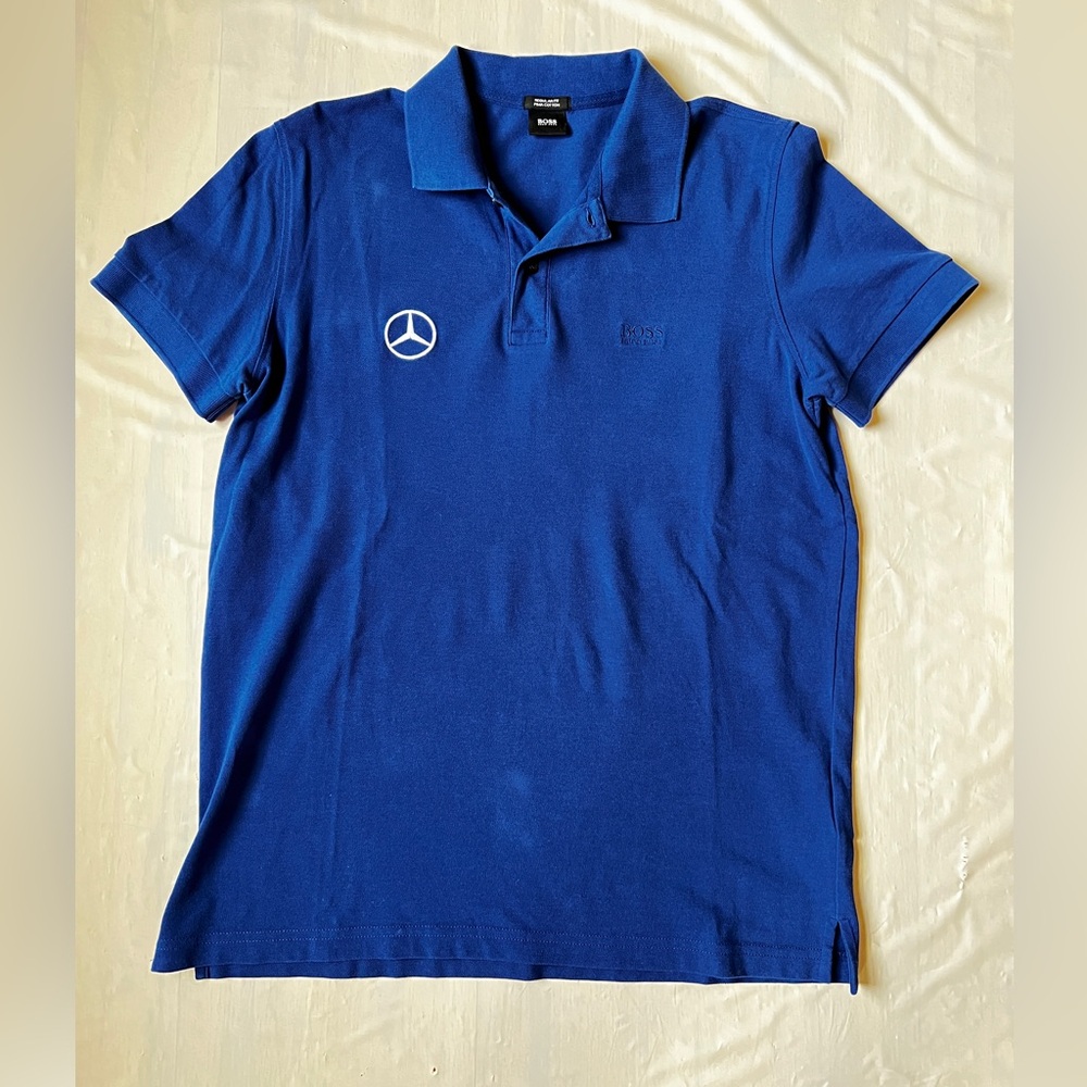 Hugo Boss Mercedes Benz polo Shirt Golf Navy Blue Cotton short sleeve logo men M